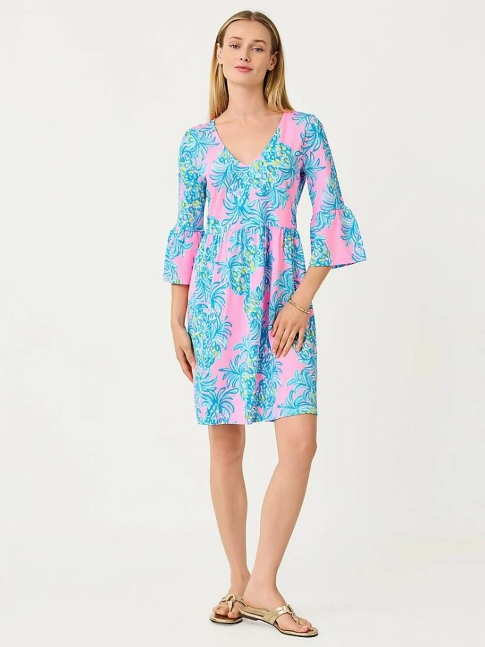 Lilly Pulitzer, Jannie V-Neck Dress, Three-Quarter Sleeve Dress, Size Large